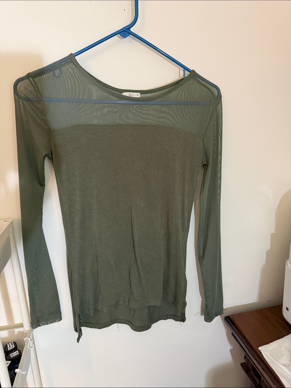 Sheer-Panel Olive Green Long-Sleeve Top